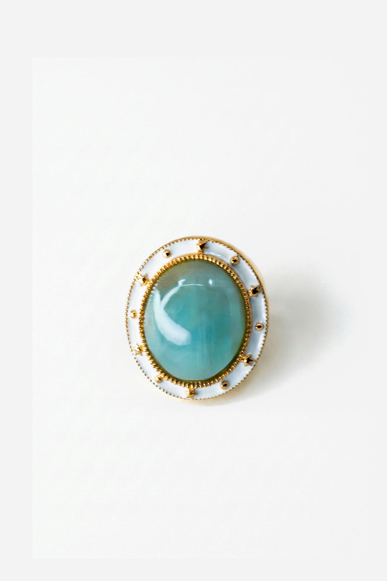 Aquamarine Ring Cabochon White Enamel Star