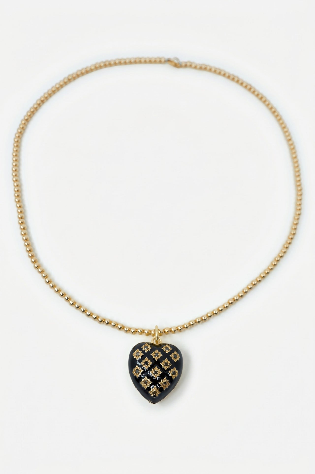 Black Diamond Heart Necklace Black Enamel Bead Chain