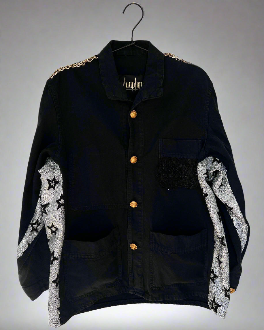Repurposed Black French Workwear Jacket – Silver Lurex Star Fabric, Brass Chain, Vintage Buttons