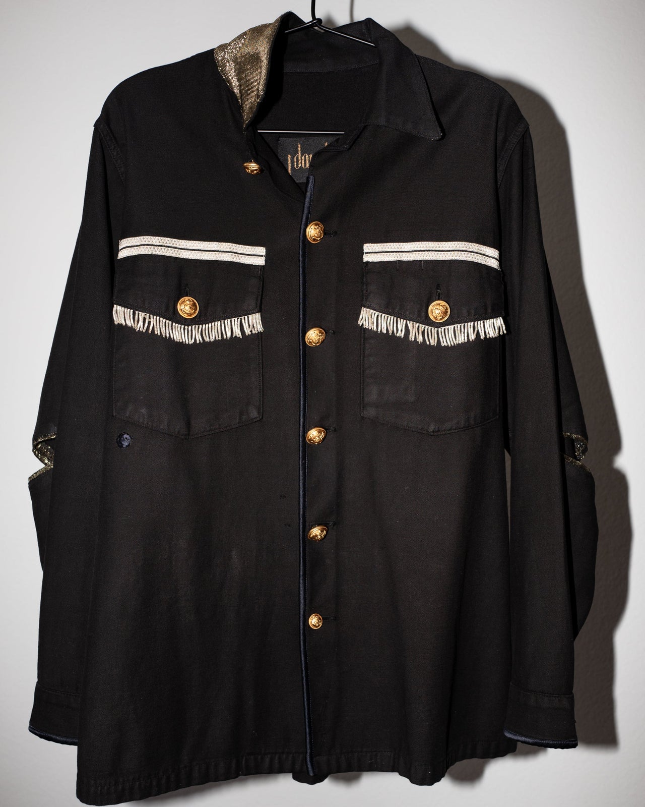 Repurposed Black Military Jacket – Silver Bullion Fringe, Silver Braid, Gold Buttons