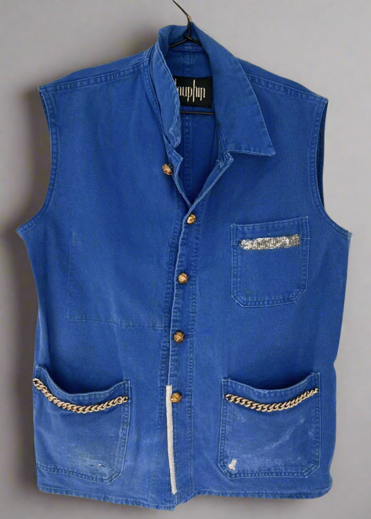 Cobalt Blue Sleeveless French Workwear Jacket – Chains & Gold-Plated Buttons