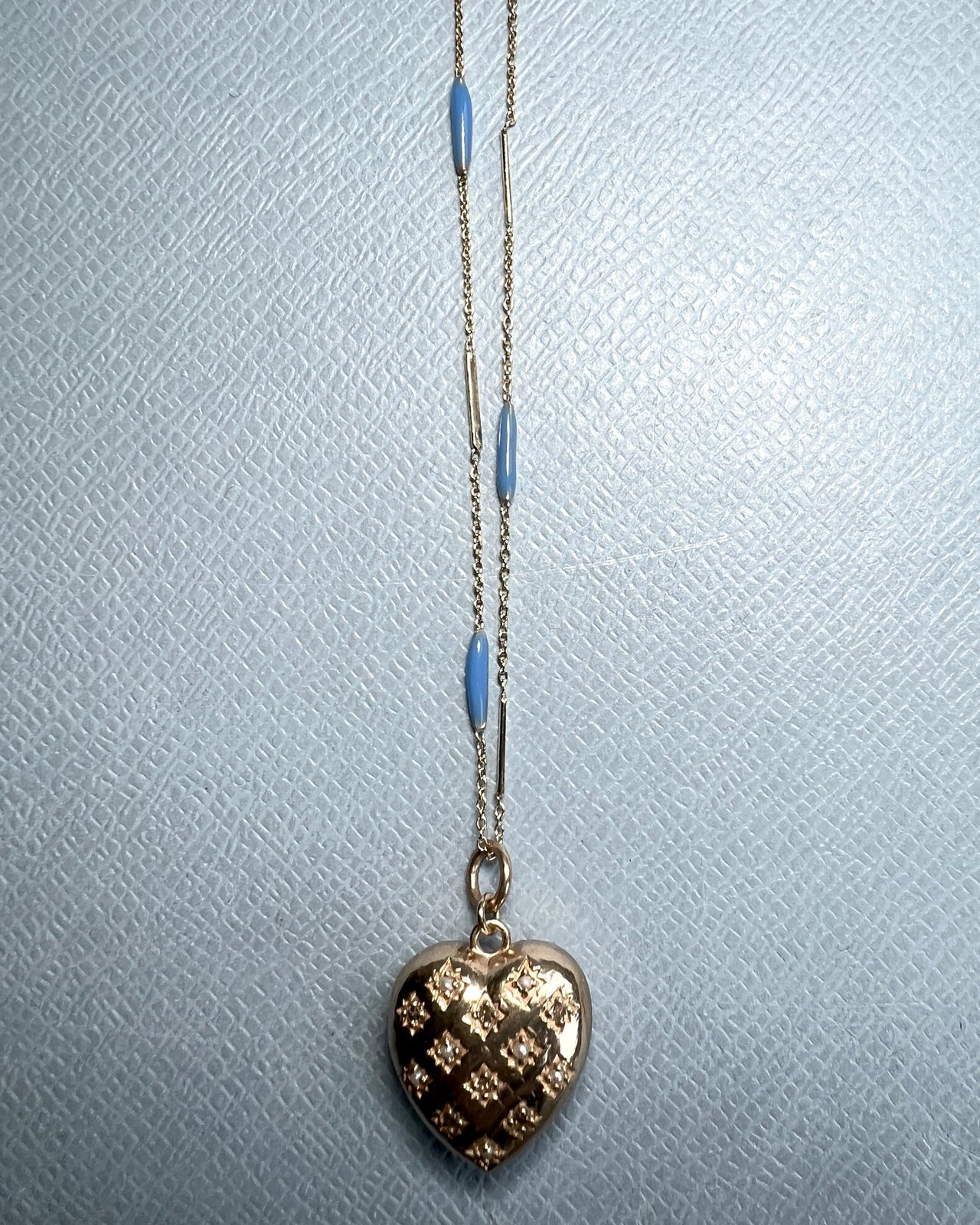 Diamond Pearl Heart Blue Enamel Necklace