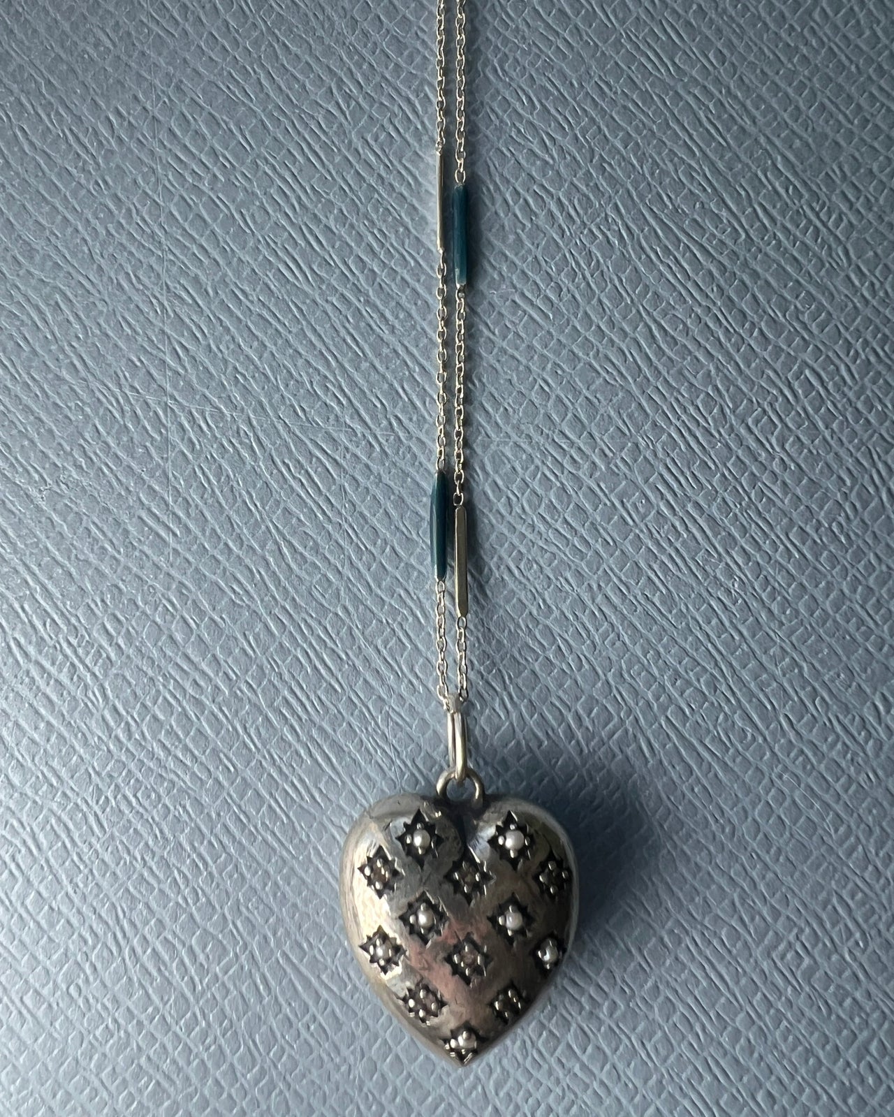 Diamond Pearl Heart Silver Enamel Necklace