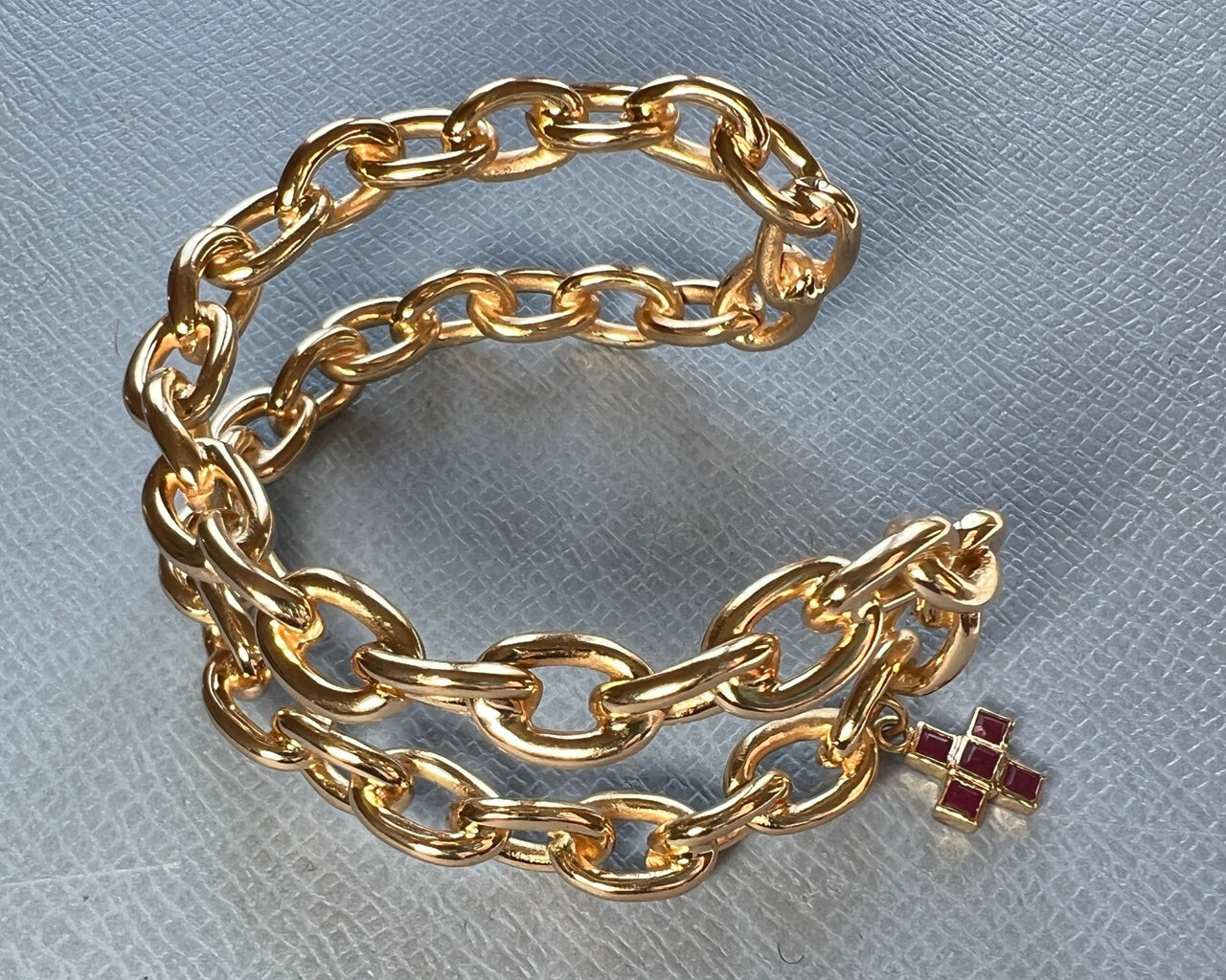 Double Chain Cuff Bracelet Ruby Cross