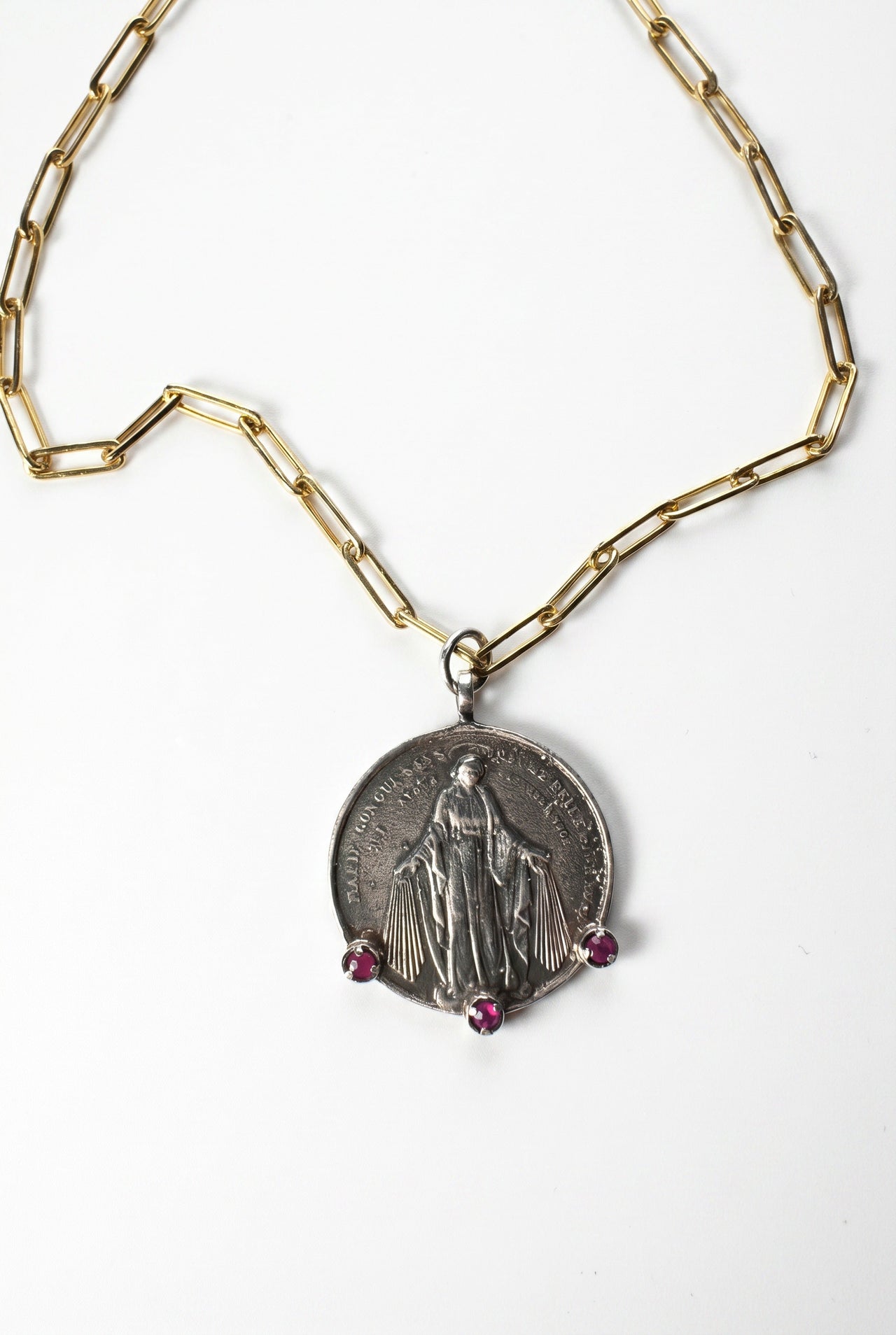 Virgin Mary Necklace Ruby Silver Paperclip Chain