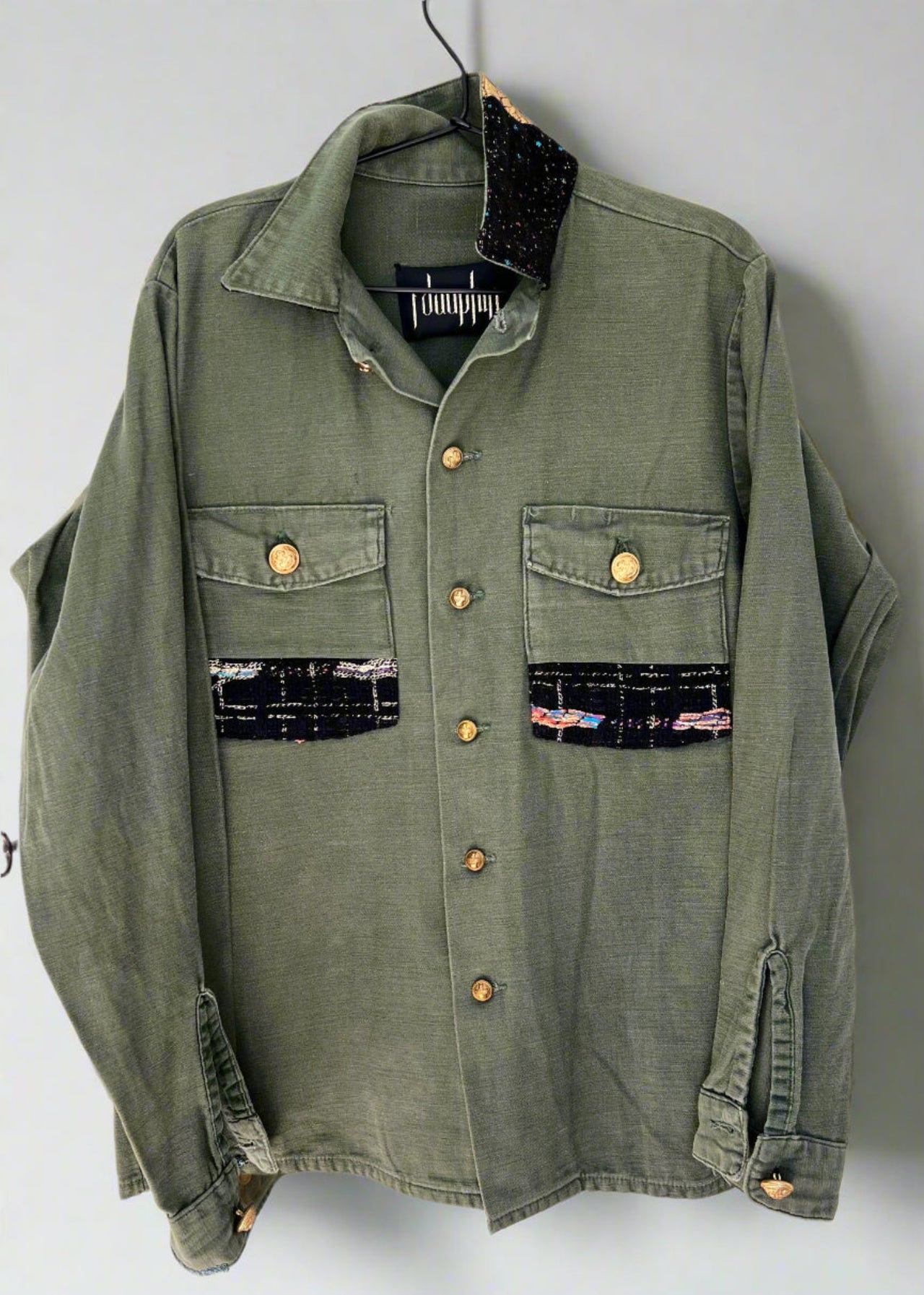 Repurposed Green Military Jacket – Black & Gold Lurex Tweed