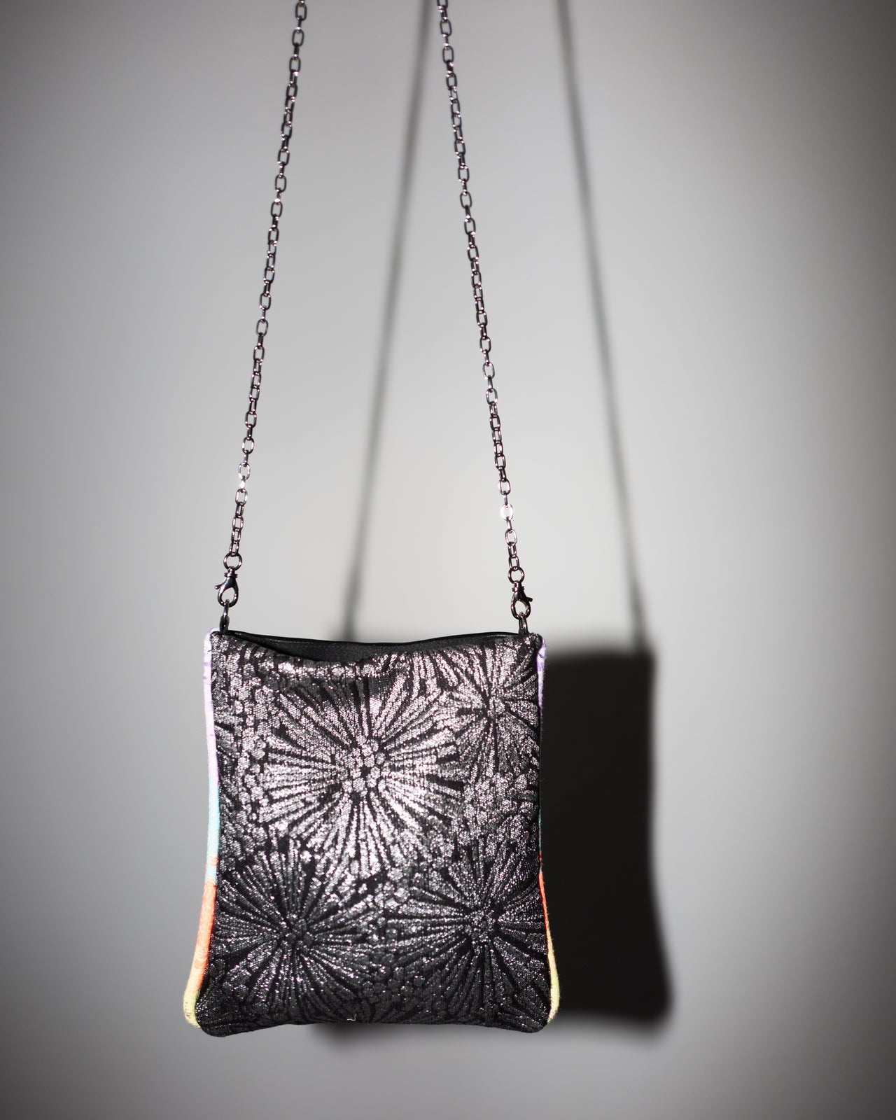 Silver Lurex Black Bag with Black Leather Silver  Neon Rainbow Piping Silver Chain