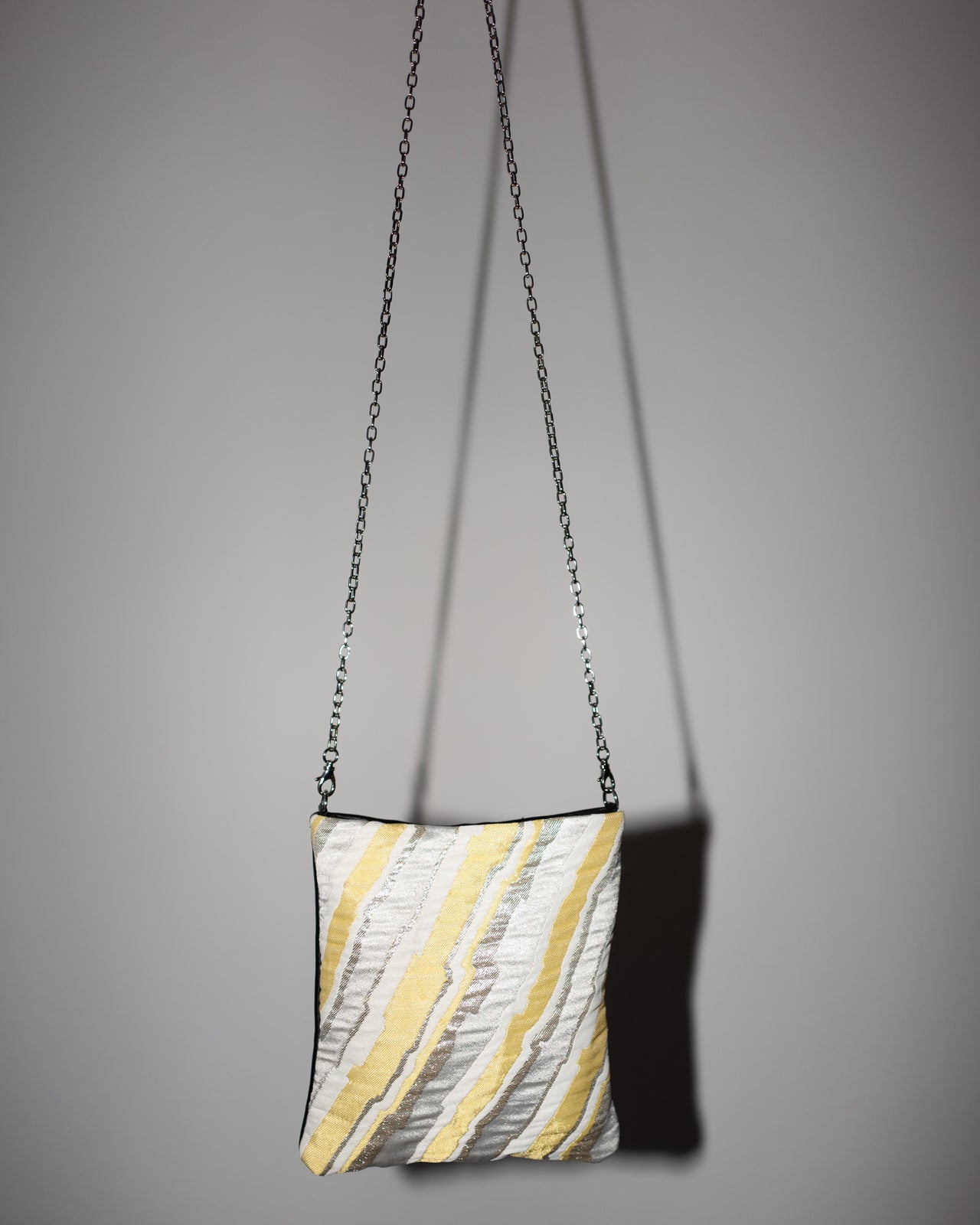 White Silver Lurex Yellow Bag with Black Leather Napa and Silver Chain