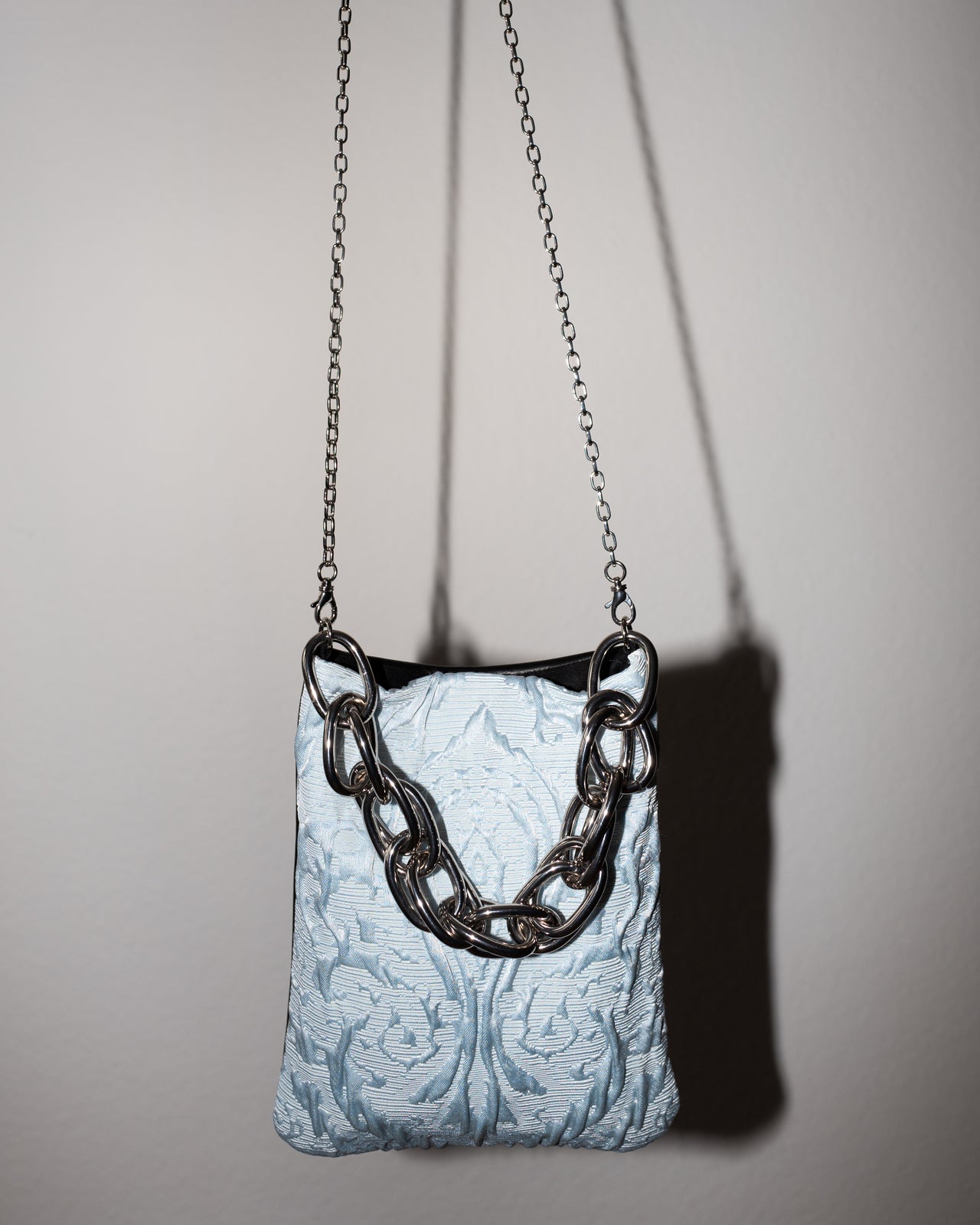 Leatherbag with Light Blue Vintage Brocade Leather Palladium Chain