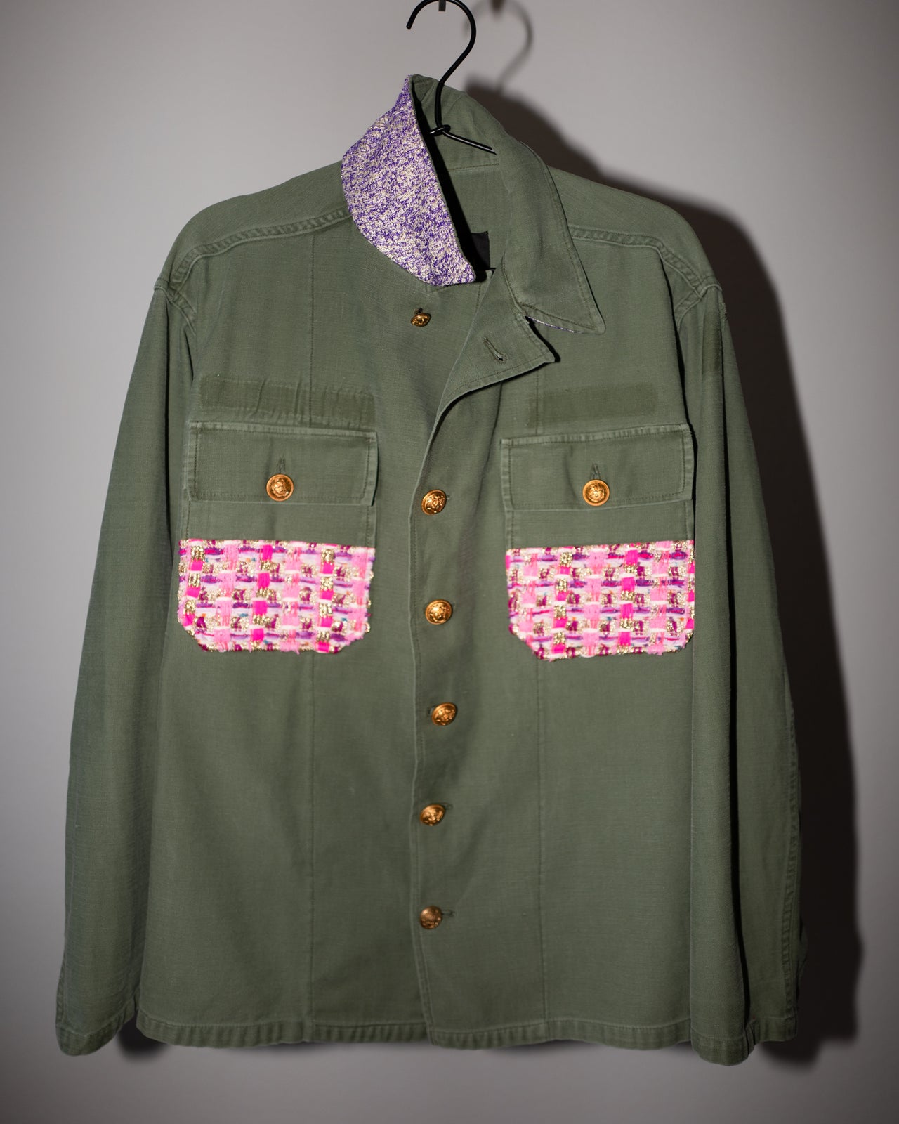 Military Green Jacket Neon Pink Tweed, Neon and Violet Collar Medium