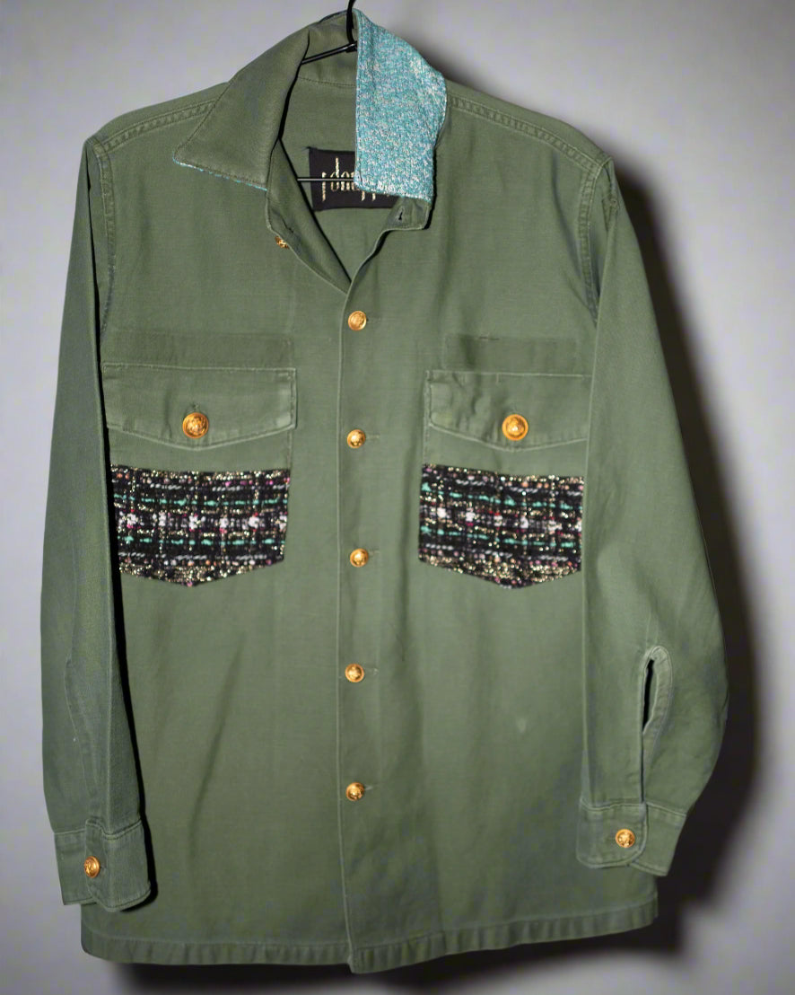 Military Green Jacket – Black Lurex Tweed- Gold Buttons