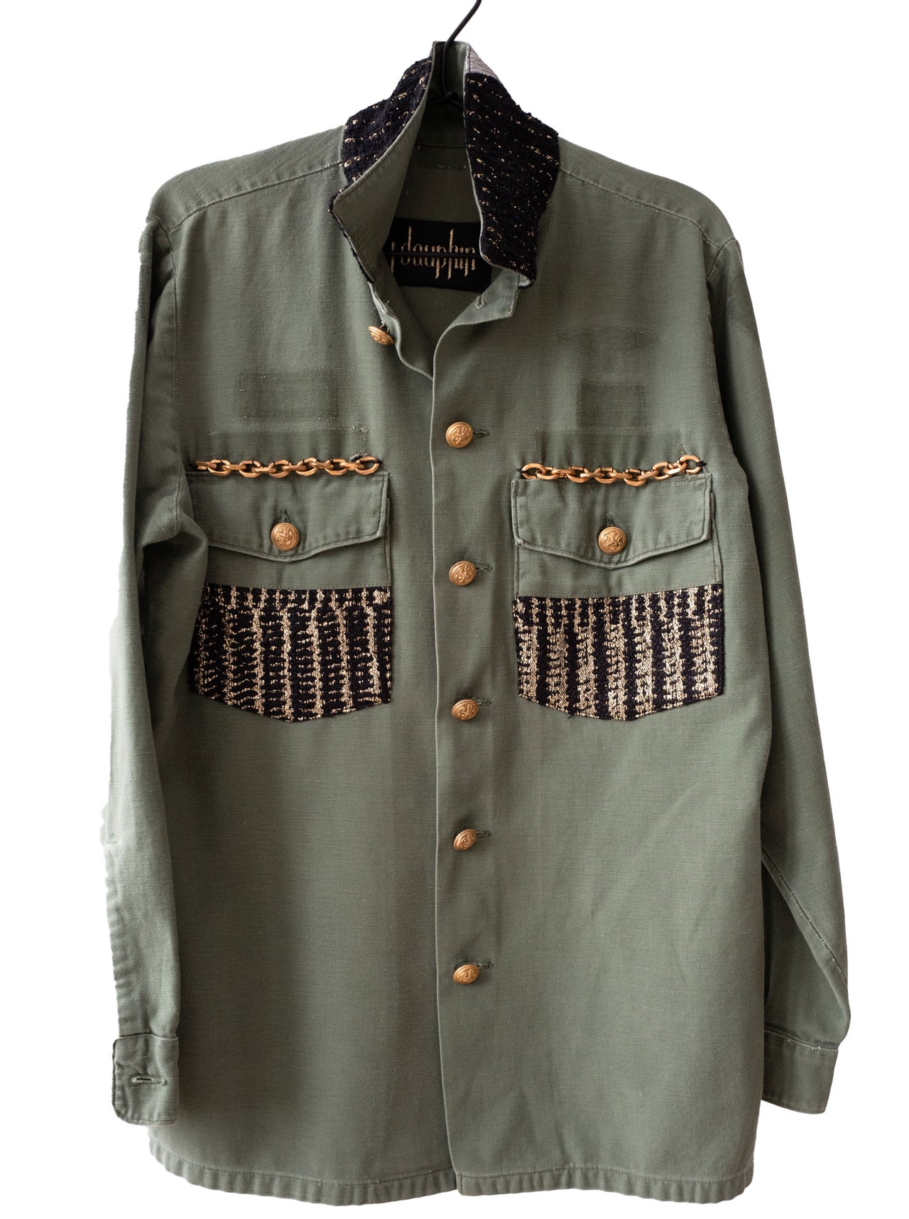 Military Jacket Green Black Gold Lurex Tweed Brass Chain Medium