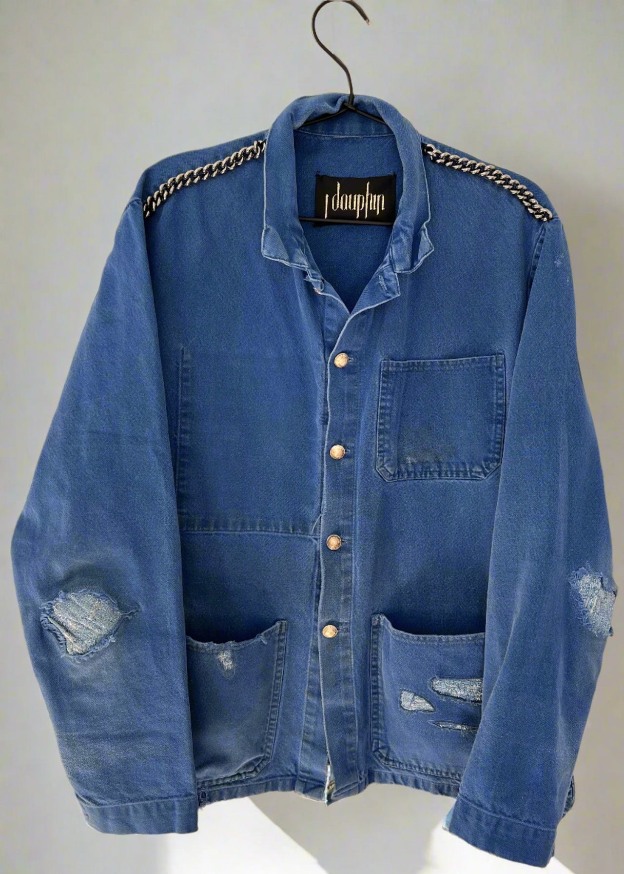 Cobalt Blue Jacket French Work Wear Ruthenium Chain