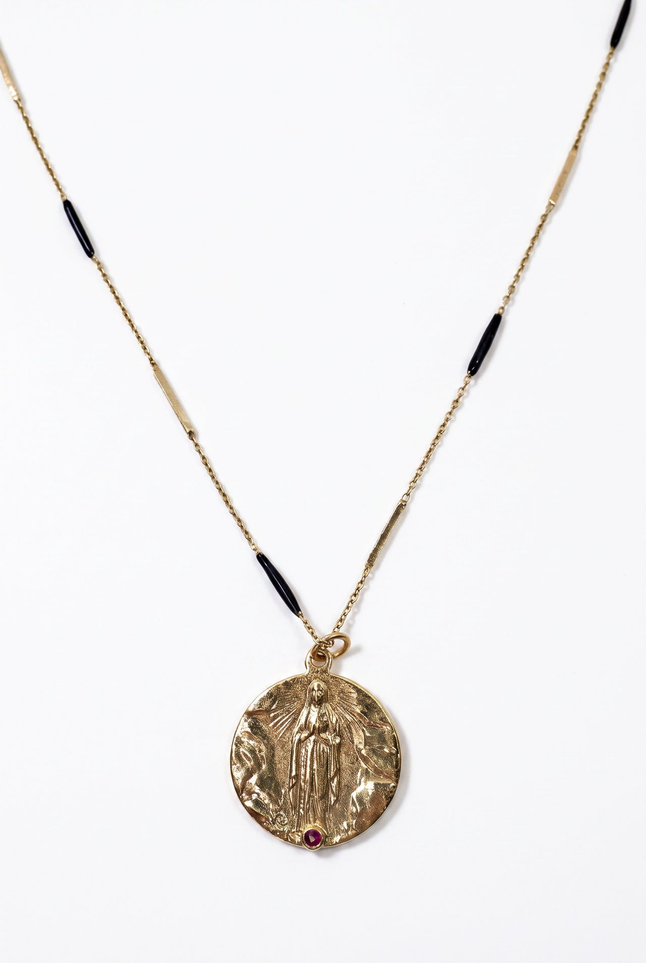 Ruby Virgin Mary Necklace Medal Lourdes Gold Black Enamel Chain