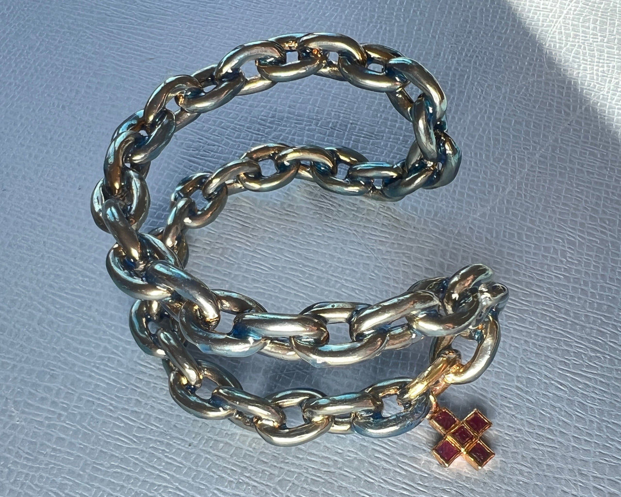 Light Blue Enamel Double Chain Cuff Bracelet Ruby Cross
