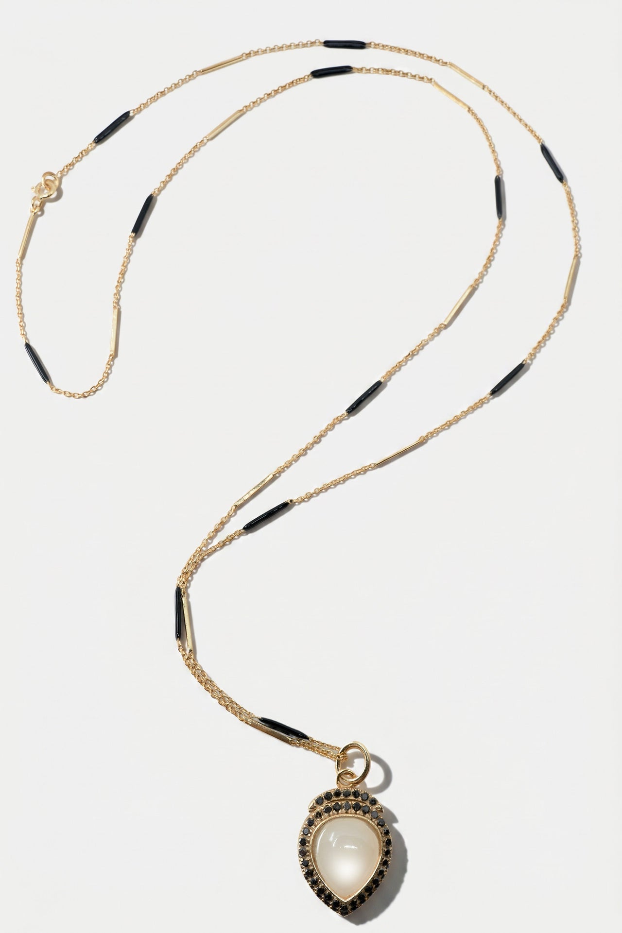 Moonstone Necklace Black Diamond Halo Gold Chain Black Enamel