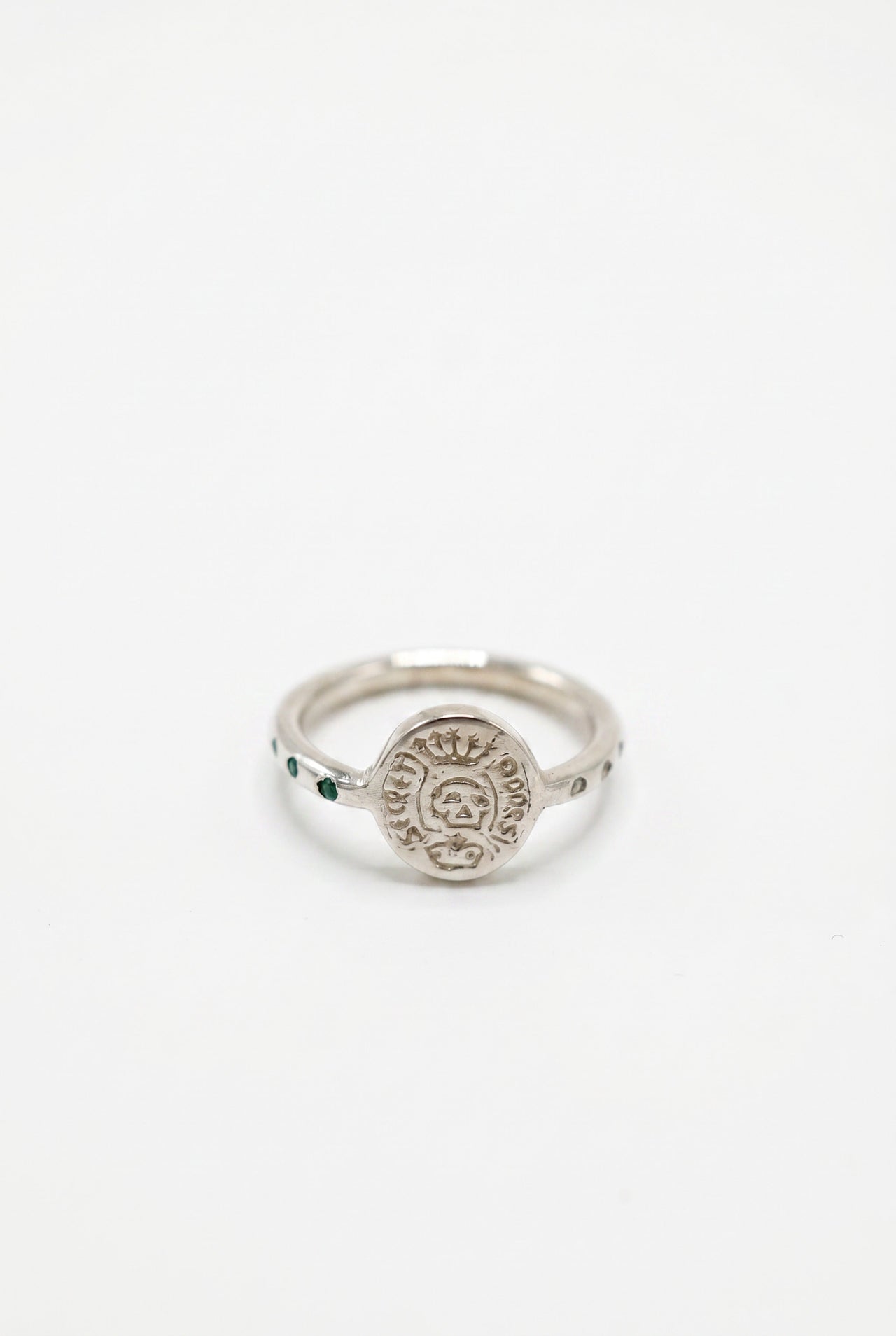 Skull Ring Diamond Emerald Crest Silver
