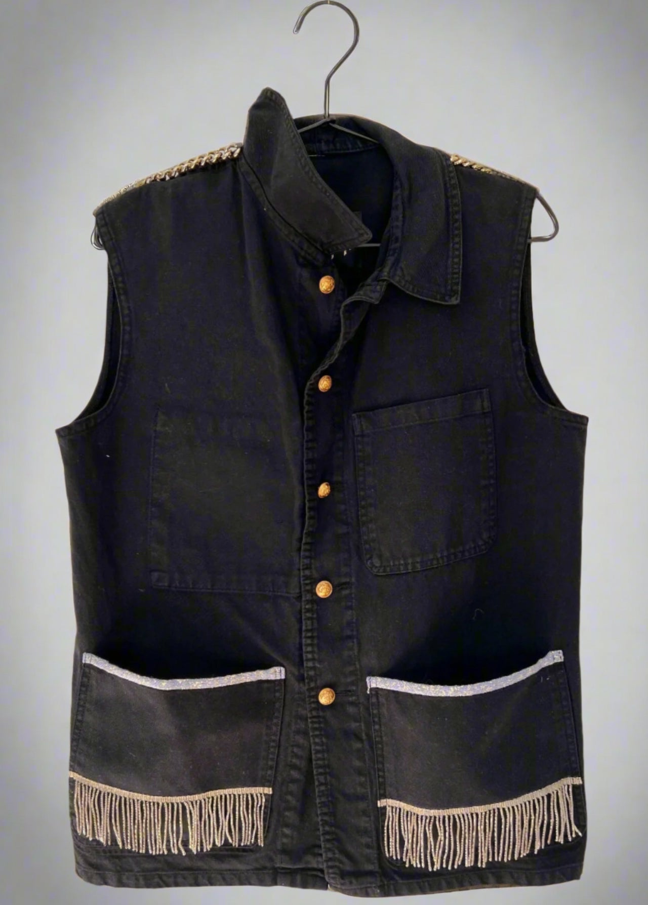 Black Sleeveless Jacket - Chains & Silver Bullion Fringes