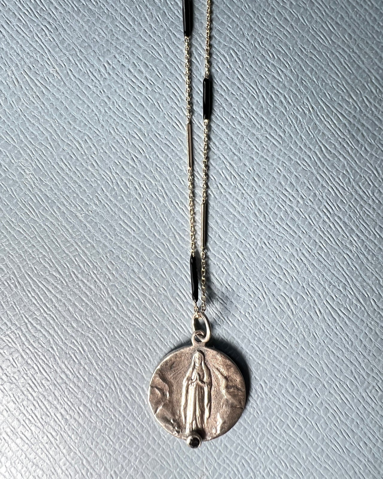 Black Diamond Virgin Mary Medal Black Enamel Chain Necklace