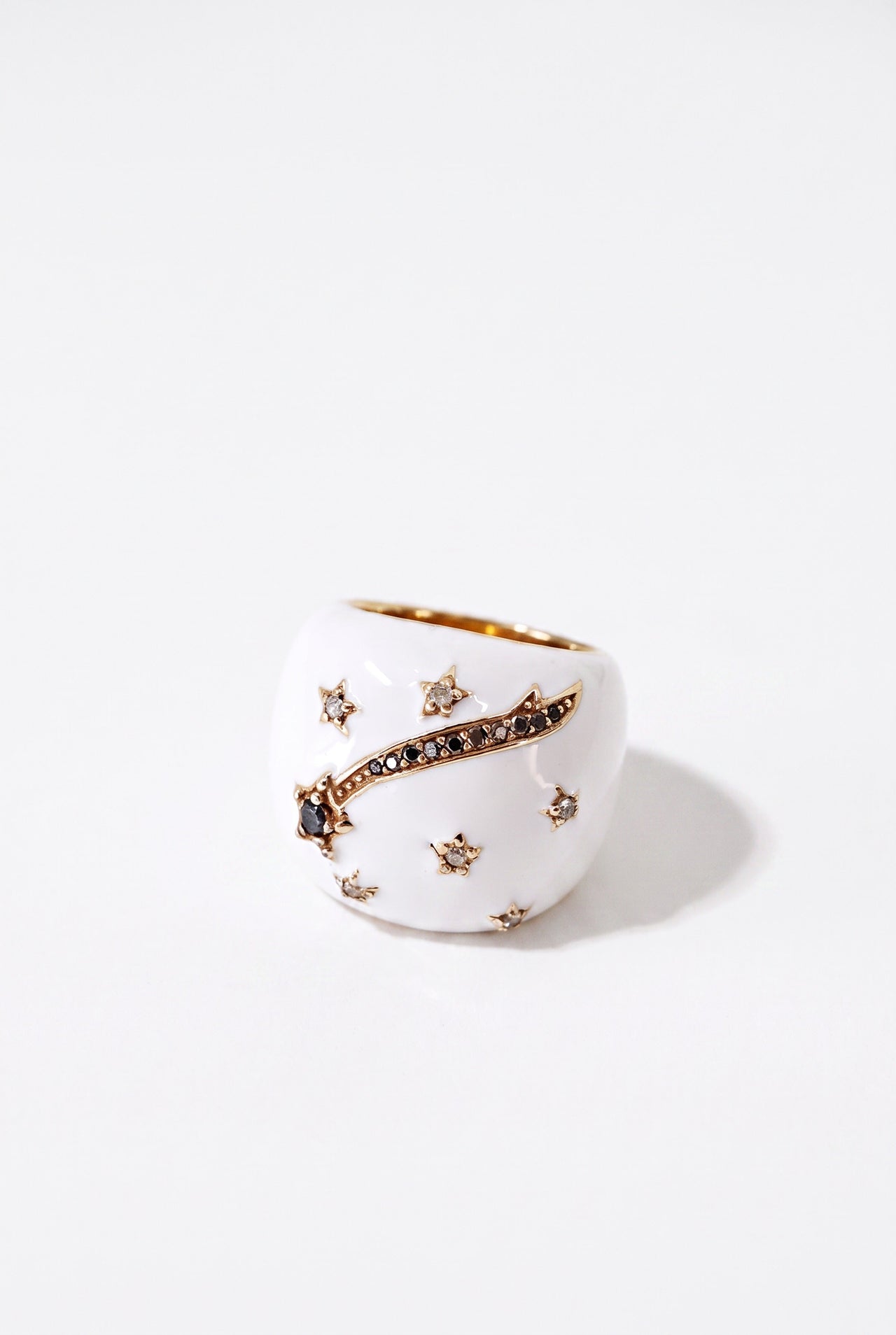 White Enamel Cocktail Ring Black Diamond Star