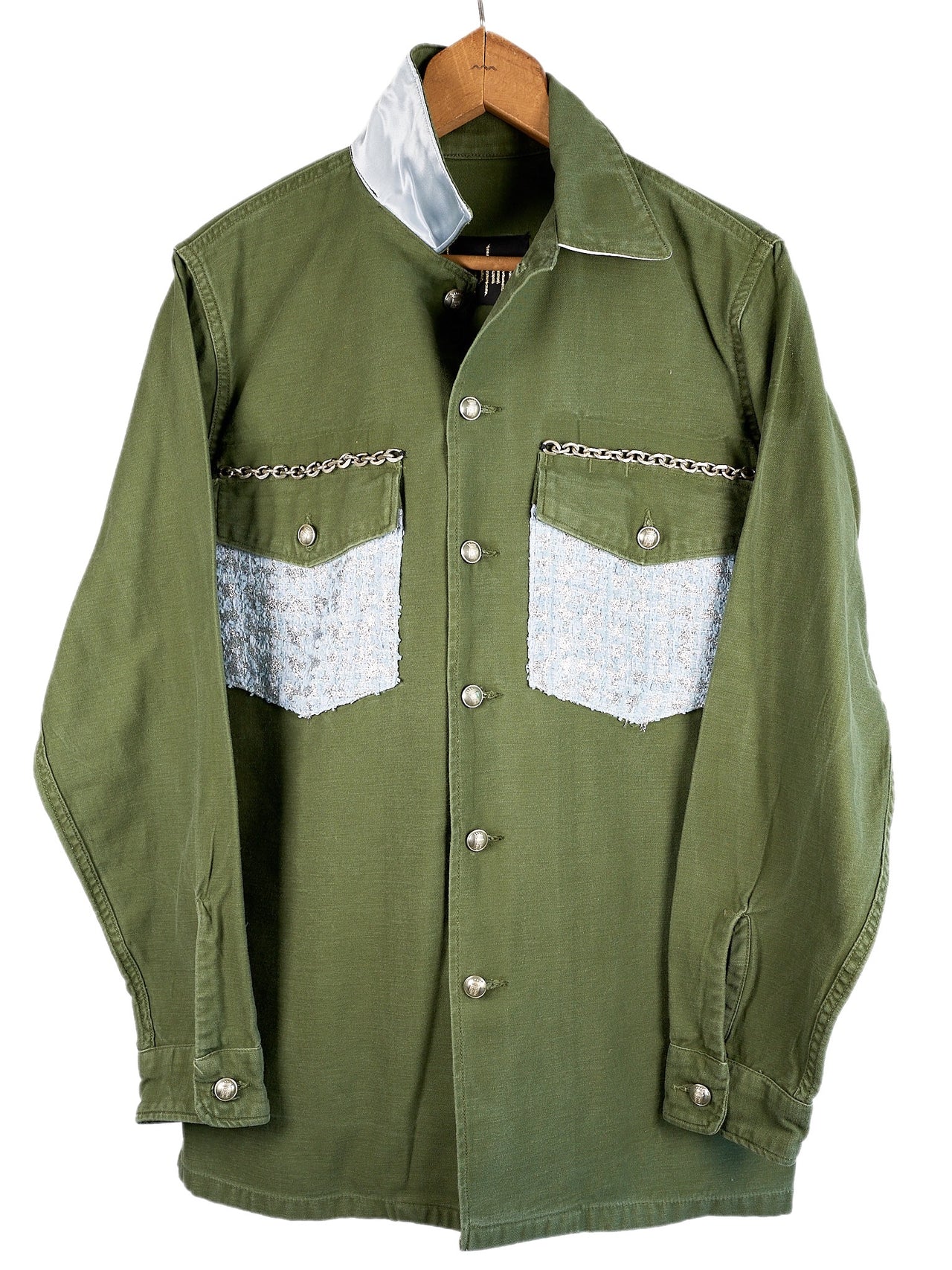 Jacket Military Green Light Blue Lurex Tweed Silver Chain Medium Long