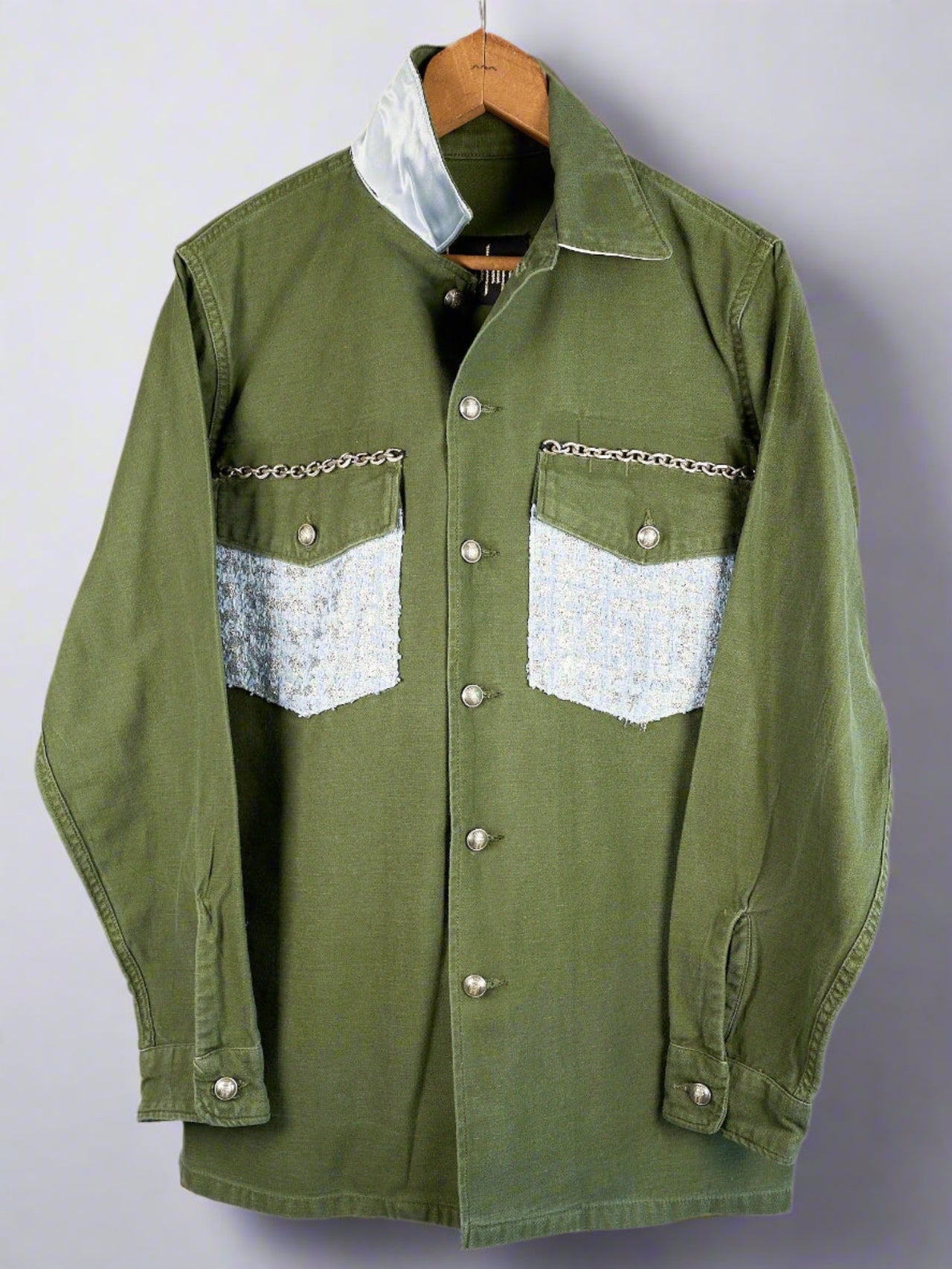 Jacket Military Green Light Blue Lurex Tweed Silver Chain Medium Long