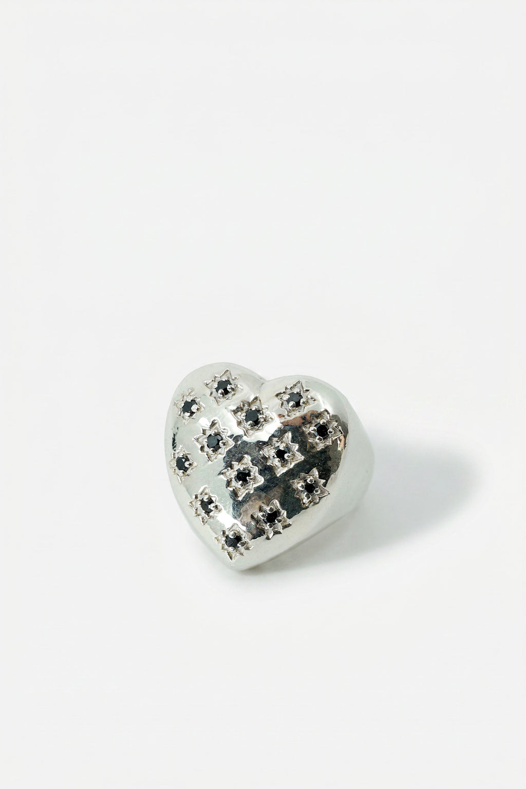 Silver Heart Signet Ring Black Diamond Star