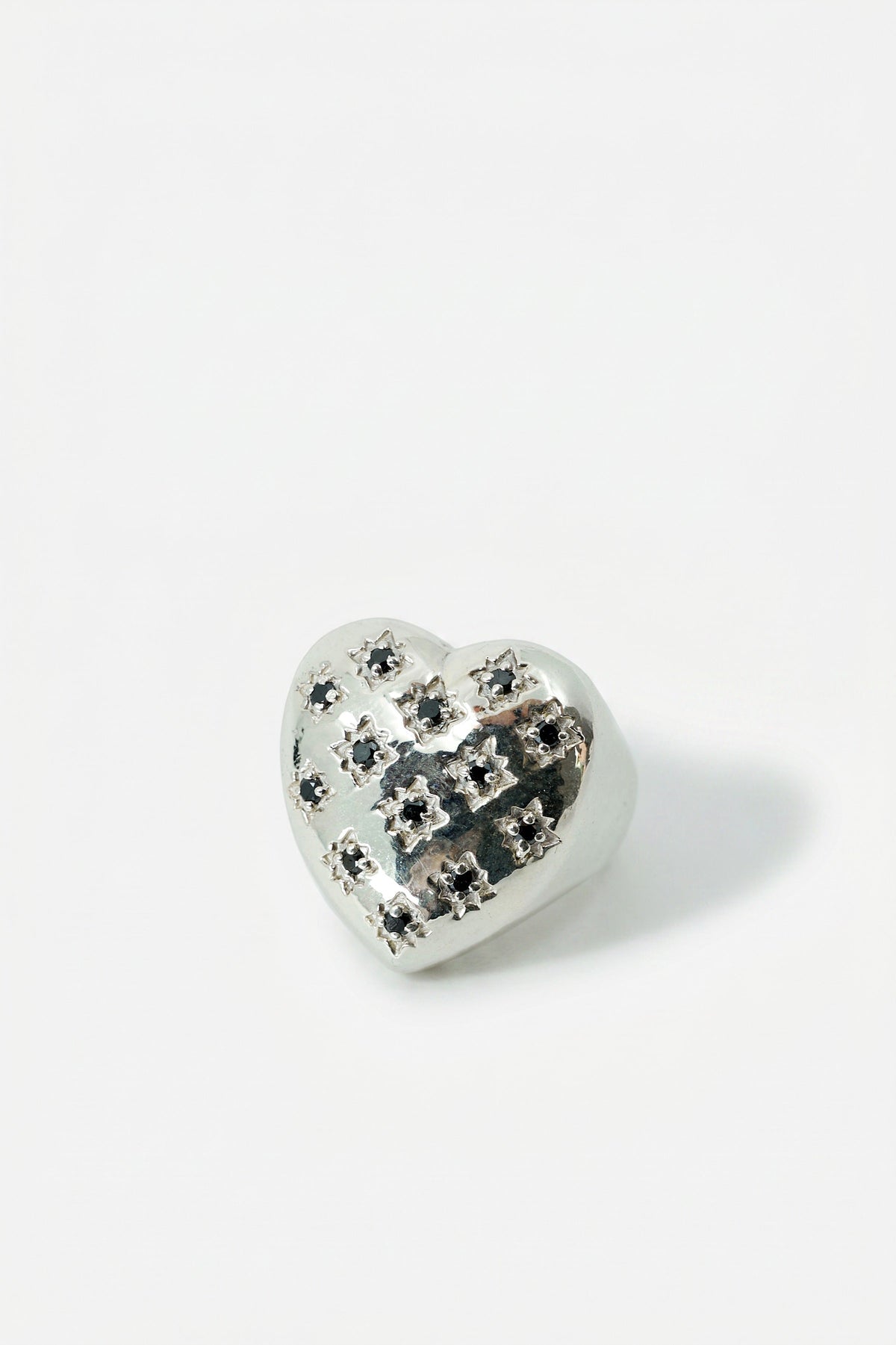 Silver Heart Signet Ring Black Diamond Star