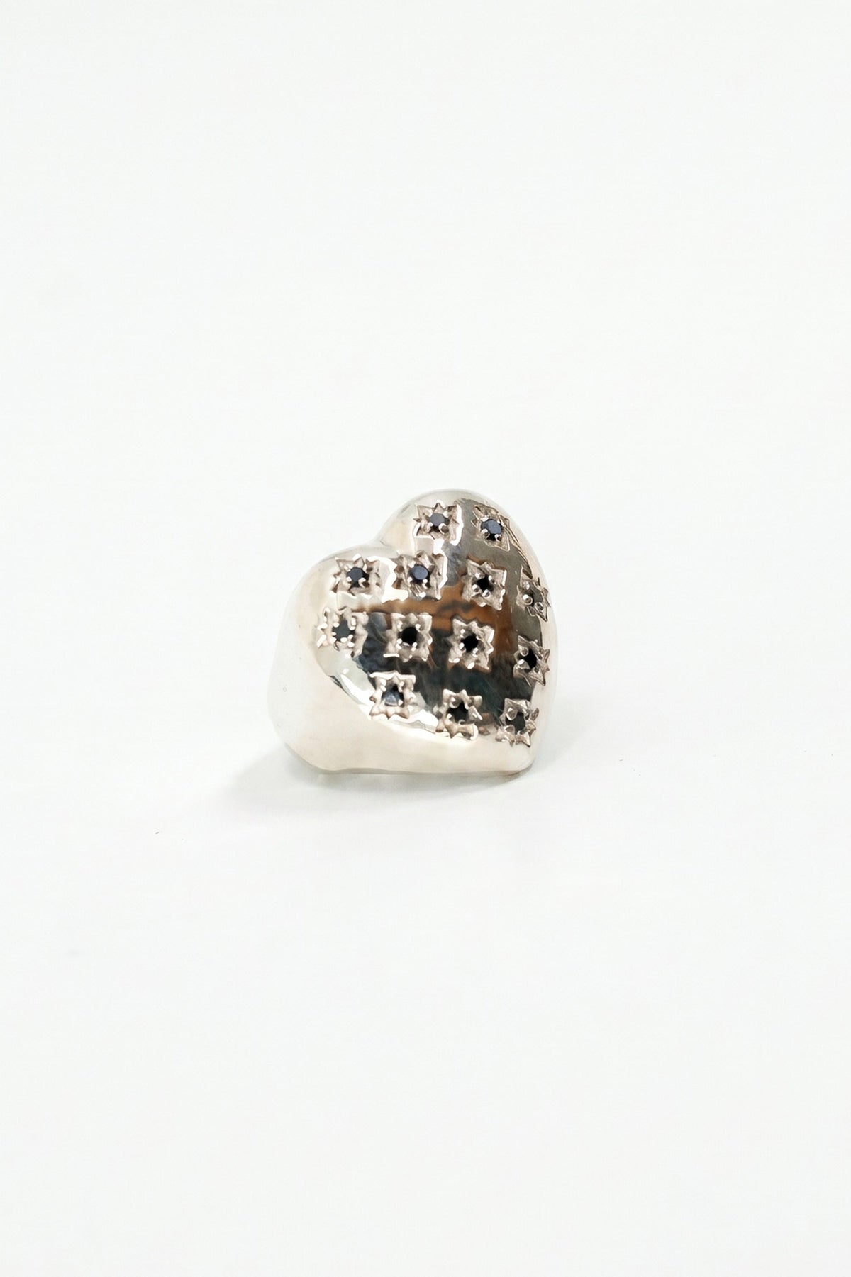Silver Heart Signet Ring Black Diamond Star