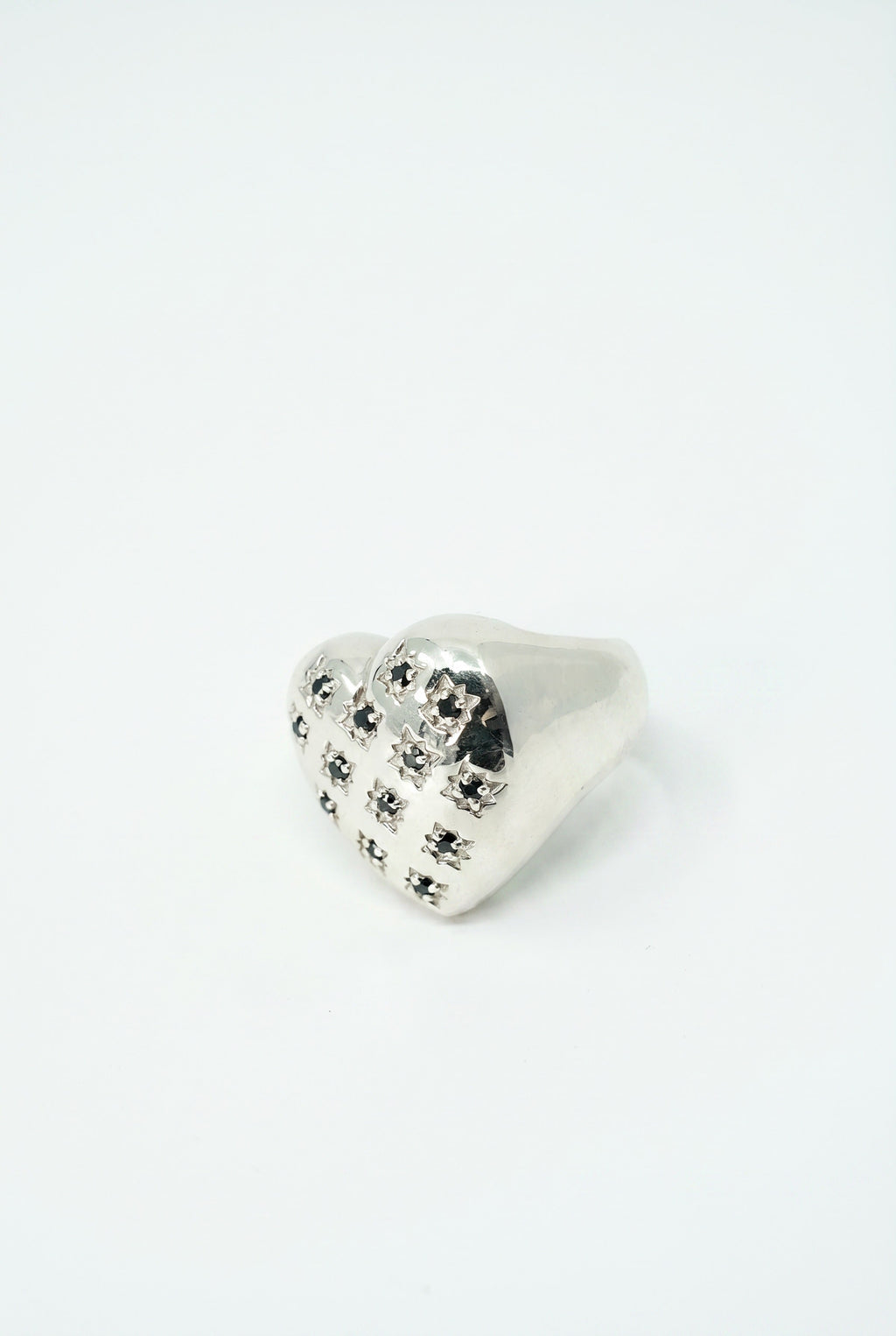 Silver Heart Signet Ring Black Diamond Star