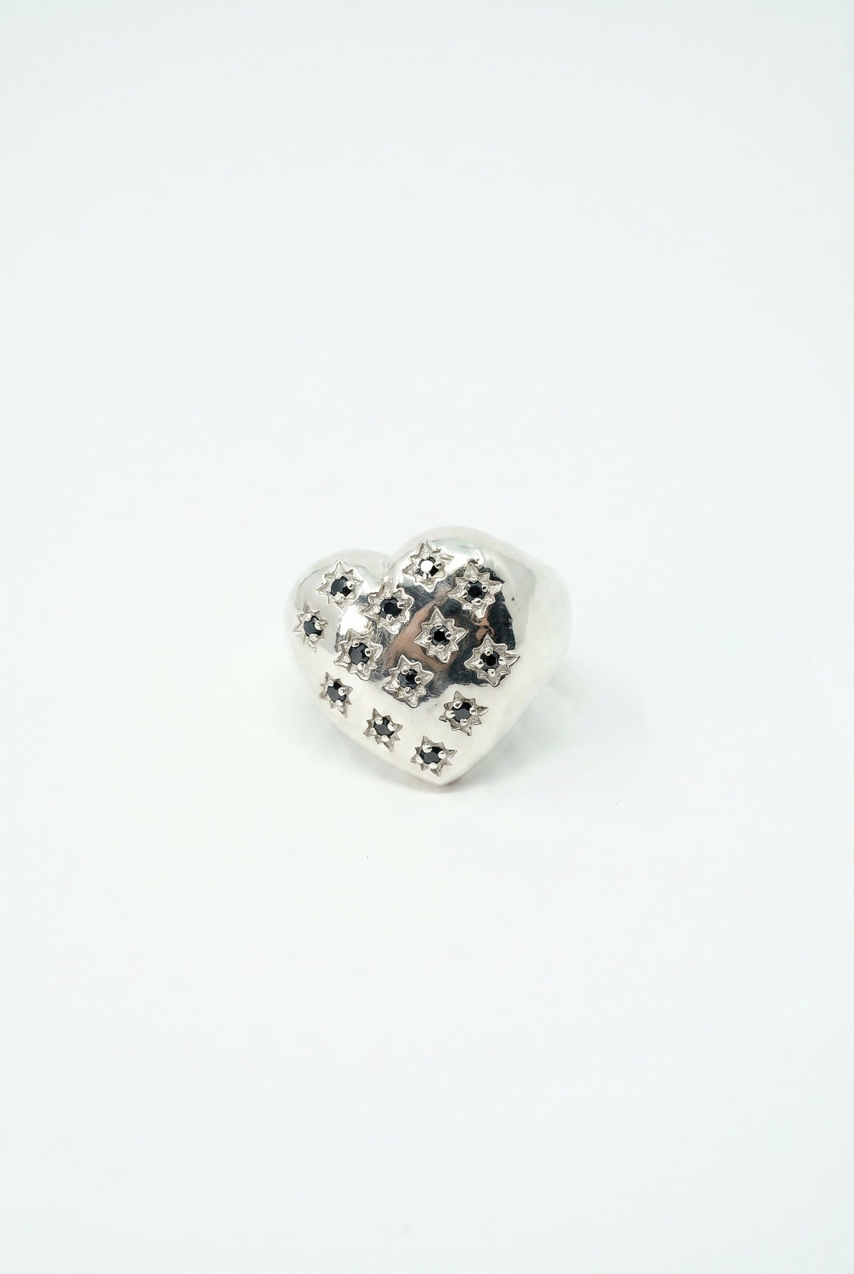 Silver Heart Signet Ring Black Diamond Star