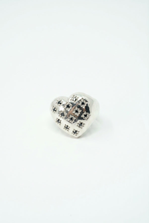 Silver Heart Signet Ring Black Diamond Star