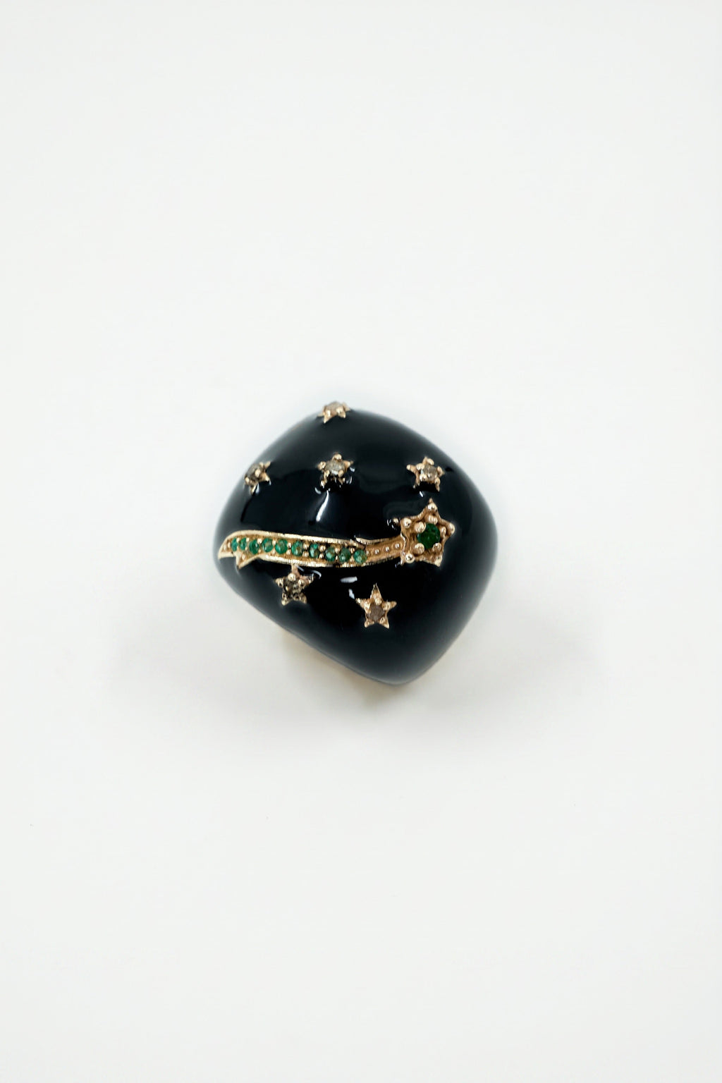 Black Enamel Cocktail Ring Emerald Diamond Star