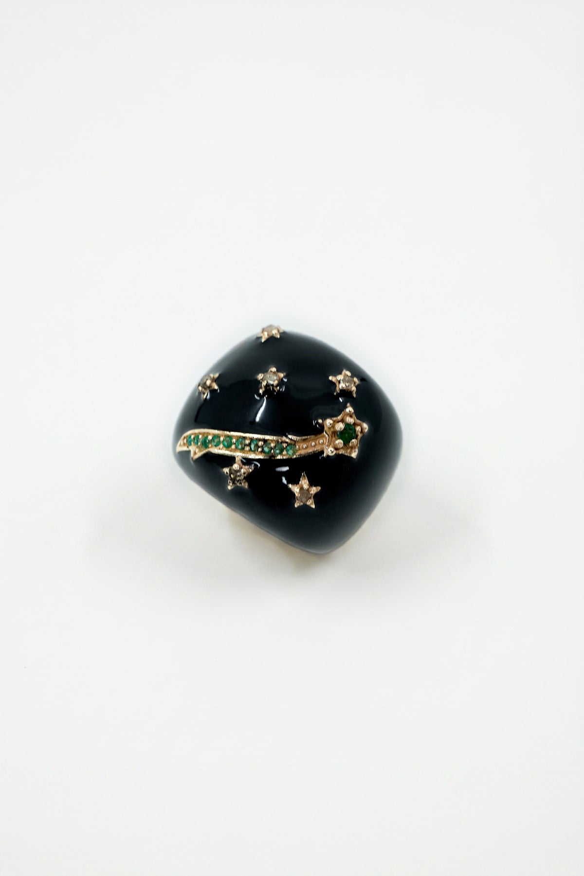 Black Enamel Cocktail Ring Emerald Diamond Star