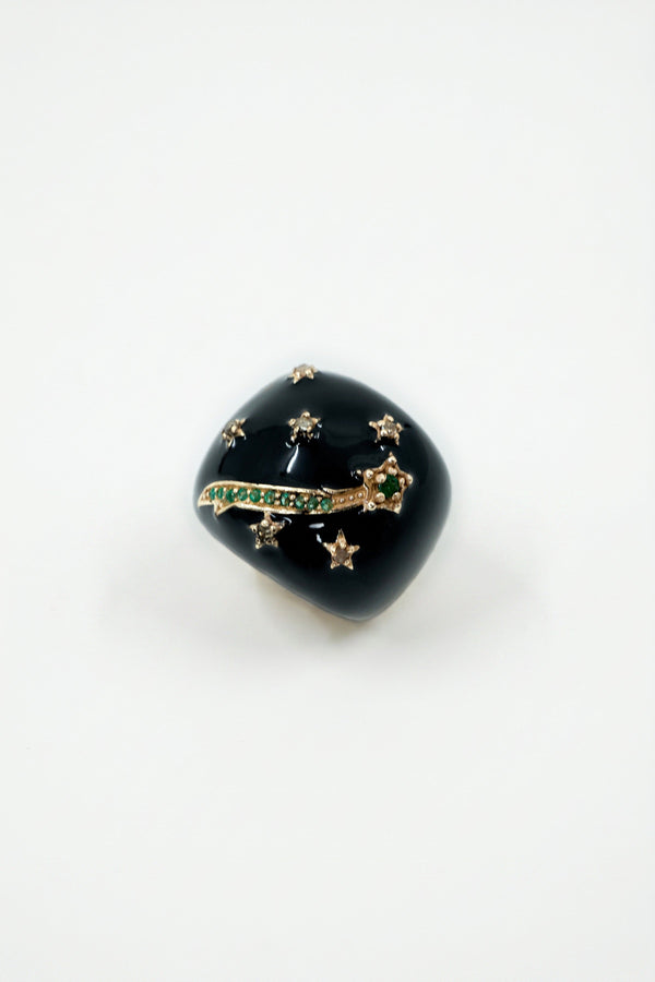 Black Enamel Cocktail Ring Emerald Diamond Star