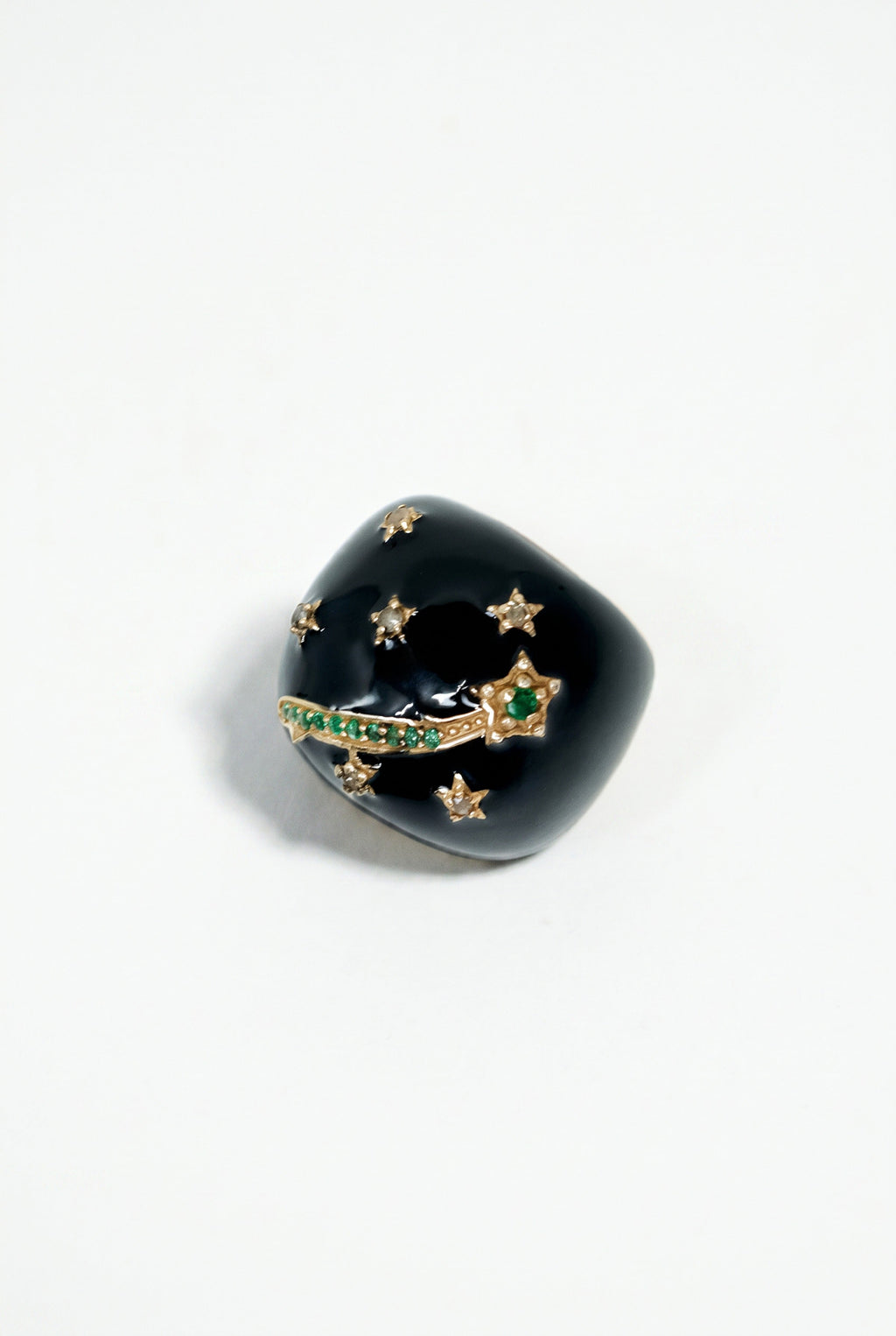 Black Enamel Cocktail Ring Emerald Diamond Star