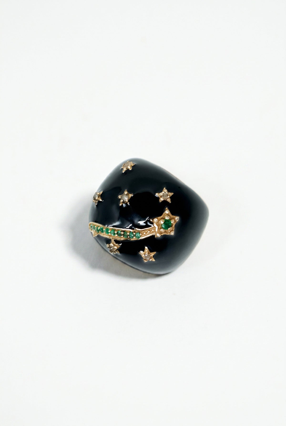 Black Enamel Cocktail Ring Emerald Diamond Star
