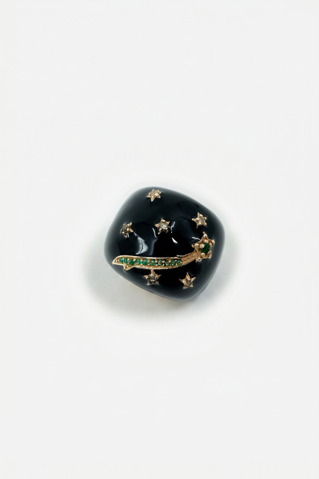 Black Enamel Cocktail Ring Emerald Diamond Star