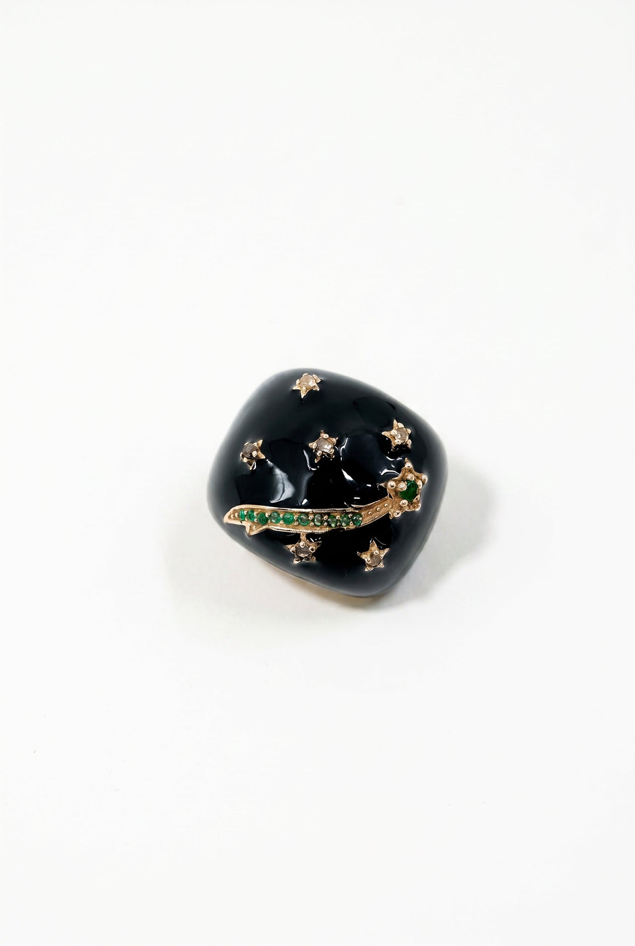 Black Enamel Cocktail Ring Emerald Diamond Star