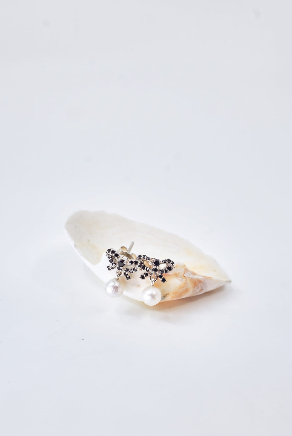 Black Diamond Pearl Bow Earrings Silver Drop