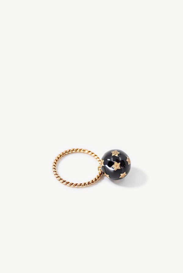 Black Enamel Orb Diamond Star Ring Twisted Band