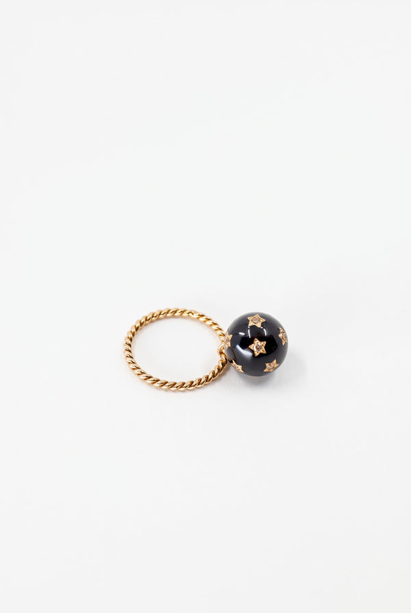 Black Enamel Orb Diamond Star Ring Twisted Band