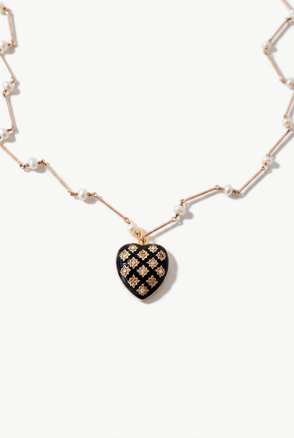 Black Enamel Heart Necklace White Diamonds & Pearl