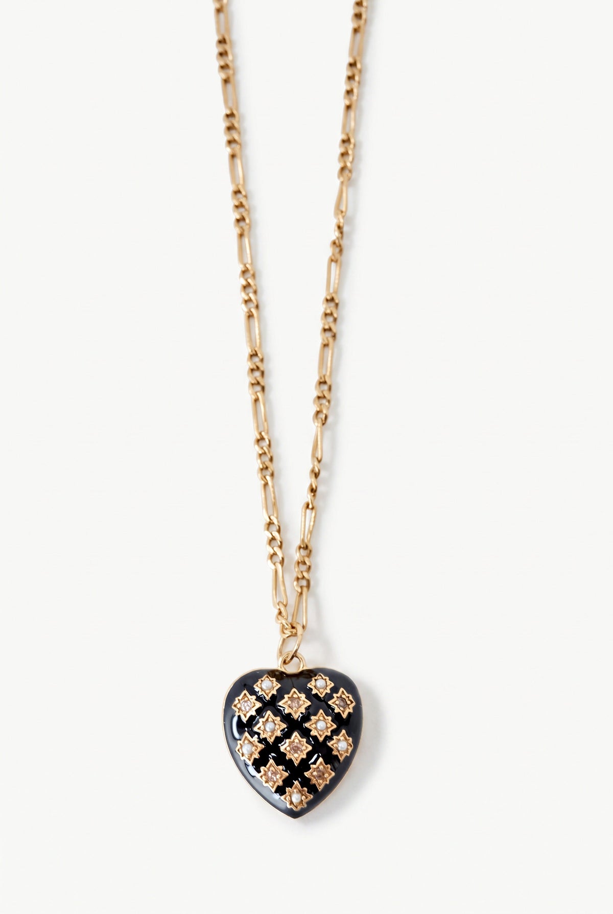 Black Enamel Heart Necklace White Diamonds Pearl Figaro Chain