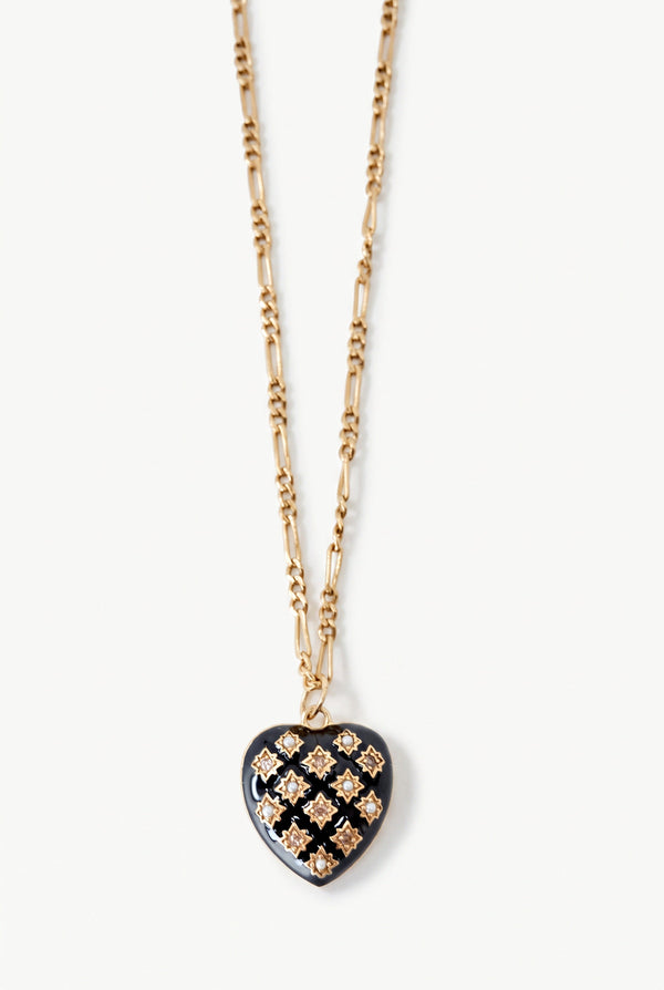 Black Enamel Heart Necklace White Diamonds Pearl Figaro Chain