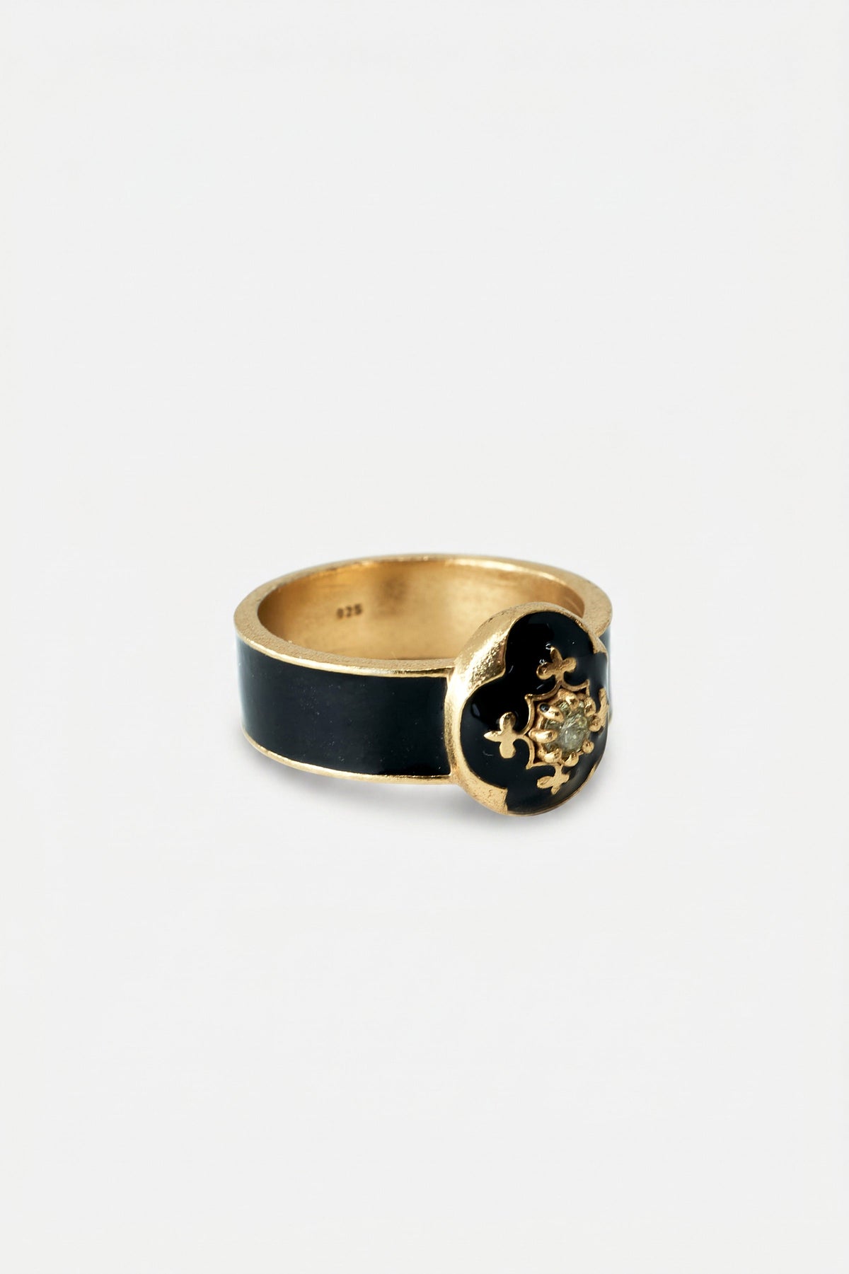 French Lily Ring Black Enamel Diamond Gold Plated
