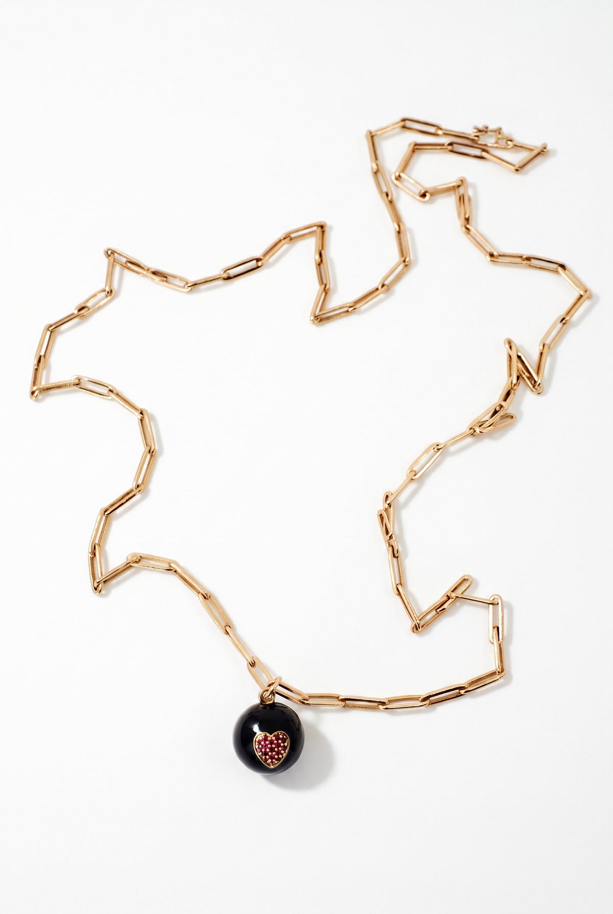 Ruby Heart Necklace Black Enamel Gold Paperclip Chain