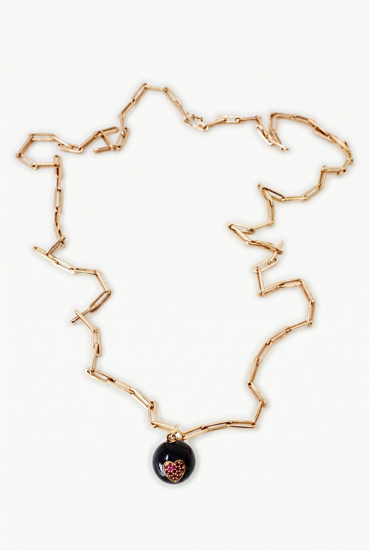 Ruby Heart Necklace Black Enamel Gold Paperclip Chain