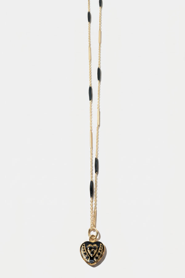 Black Diamond Heart Necklace Black Enamel