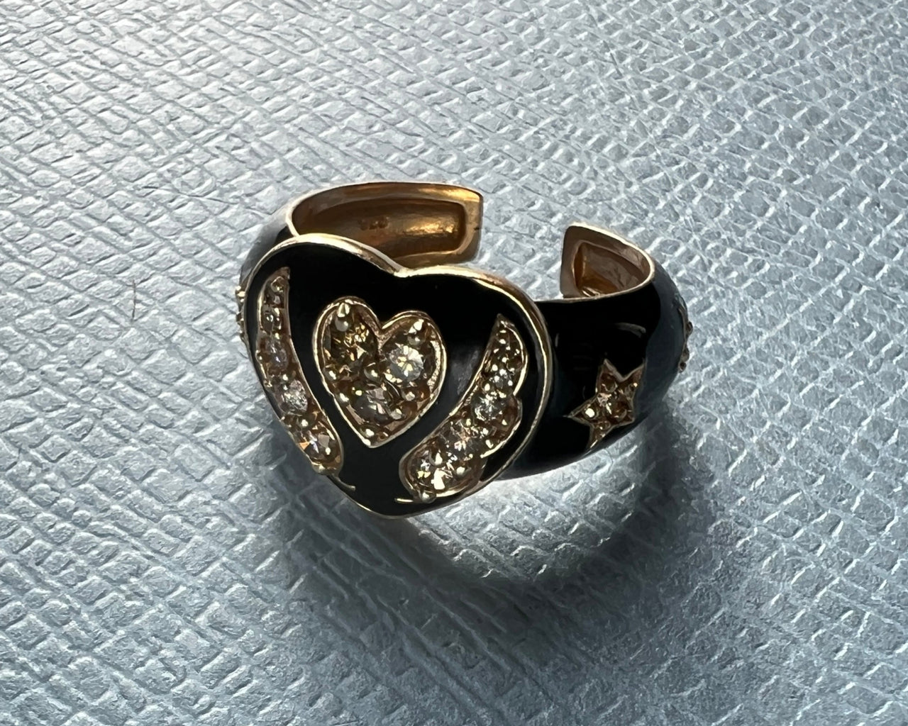 White Diamond Heart Ring Black Enamel